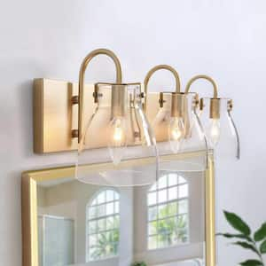 Modern 22 in. 3-Light Gold Bathroom Vanity Light with Bell Clear Glass Shades Powder Room Wall Light for Mirror