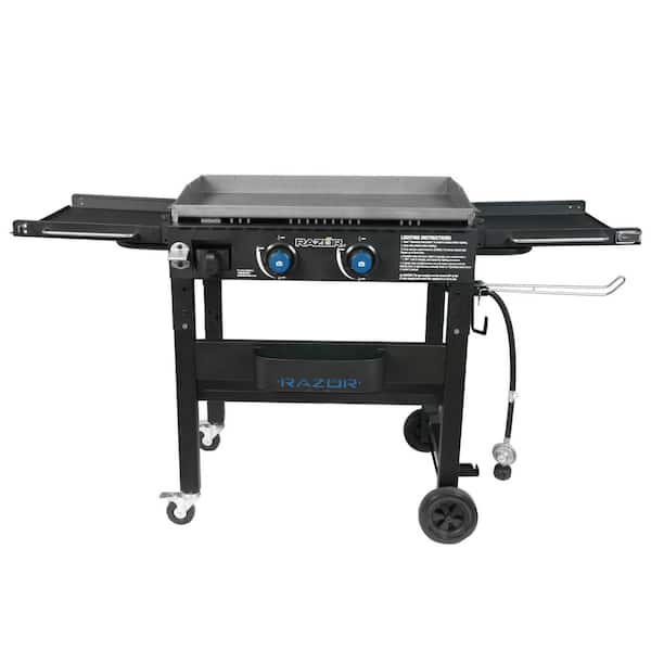 2 Burner Propane Griddle with Foldable Side Shelves in Black with Condiment Tray and Wind Guards Included