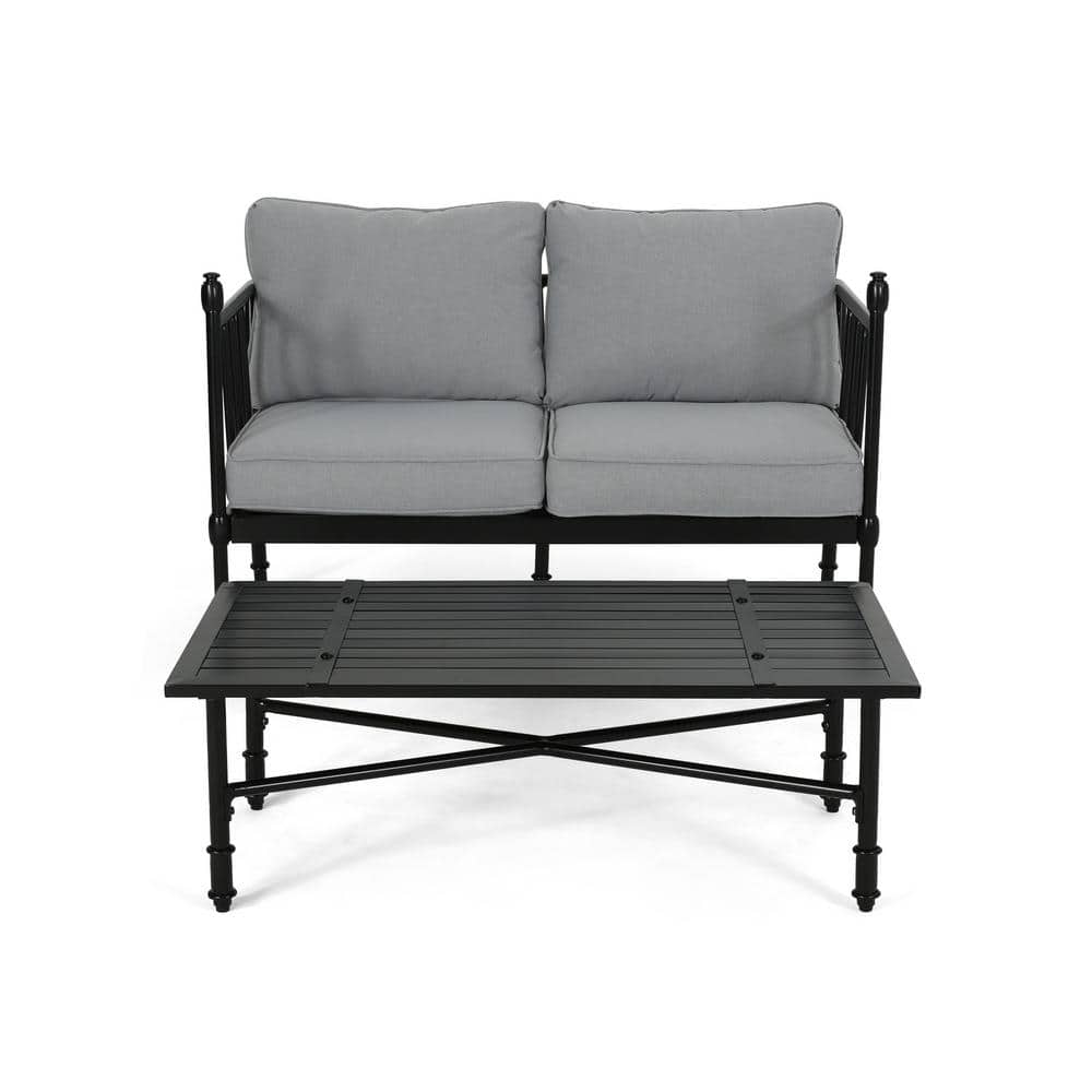 2-Piece Metal Outdoor Loveseat with Gray Cushions (Loveseat and Coffee Tabl