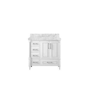 Hudson 36 in. W x 22 in. D x 36 in. H Right Offset Sink Bath Vanity in White with 2 in Carrara Marble Top