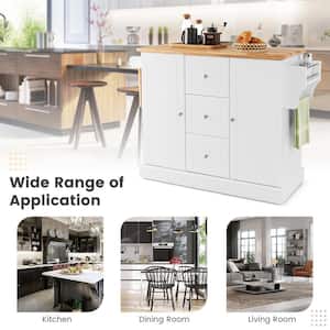 White Wooden Island on Wheels Rolling Utility Kitchen Cart Drawers Cabinets Spice Rack