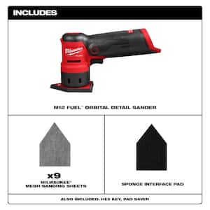 M12 12-Volt FUEL Lithium-Ion Cordless Orbital Detail Sander Tool-Only W/Assorted Sanding Sheets, Sander Pad & Sponge Pad