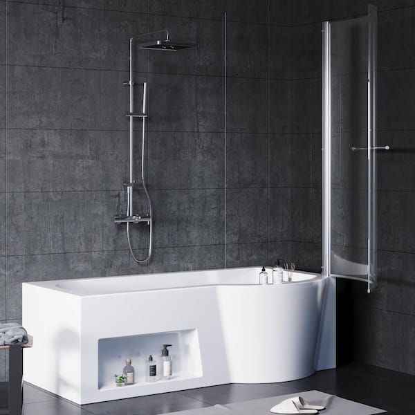 66 in. Acrylic Soaking Bathtub with Shower Door, Right Drain and Right Storage Cabinet, Ergonomic Design, White