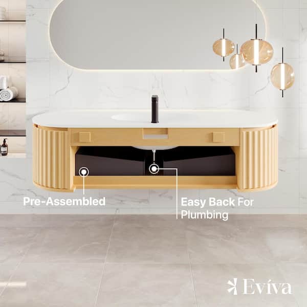 Eviva Haven 64 in. W x 22 in. D x 17.7 in. H Single Oak Wall Mount Bath Vanity in White w/ Solid Surface Integrated Sink Top