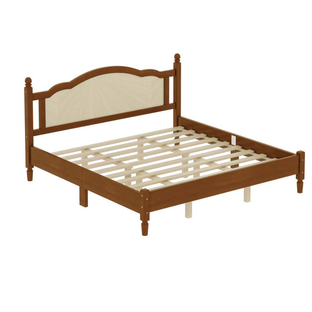 Walnut Brown Wood Frame King Size Platform Bed with Natural Rattan Headboard Wooden Slat Support, No Box Spring Needed