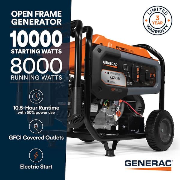 10000 / 8000-Watt Gas Portable Generator with Electric Start and COSense - GP8000E