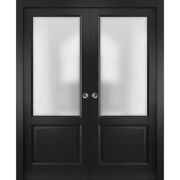 Sartodoors 72 in. x 80 in. 2 Panel Black Matte Finished Solid Wood Sliding Door with Hardware