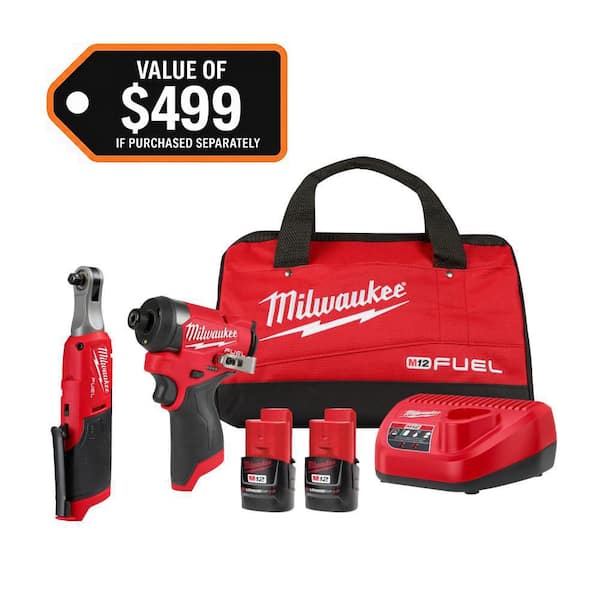 M12 FUEL 12V Lithium-Ion Cordless 3/8 in. Ratchet and 1/4 in. Impact Driver Kit (2-Tool) w/Batteries, Charger & Bag