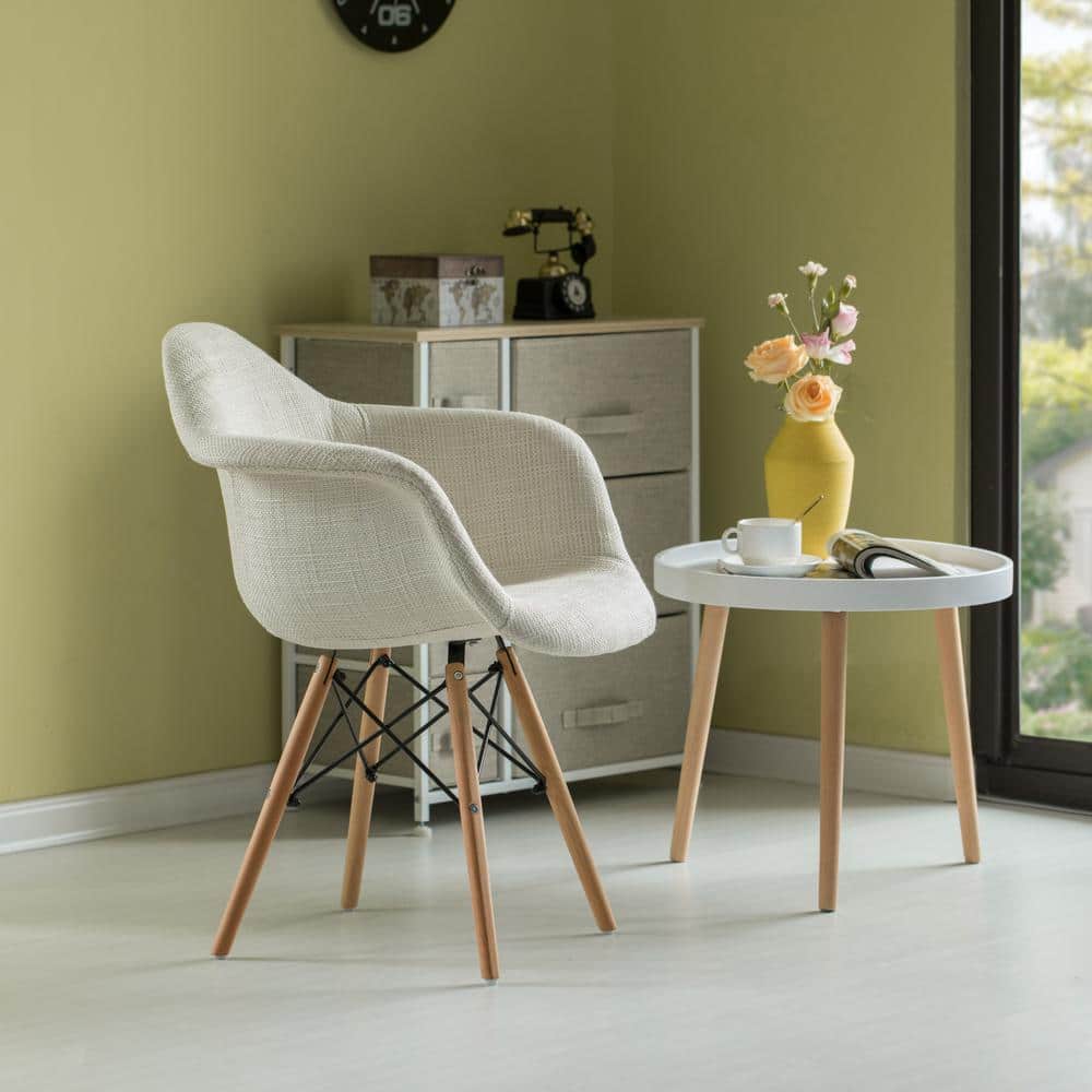 White Fabric Lined Armchair with Beech Wooden Legs