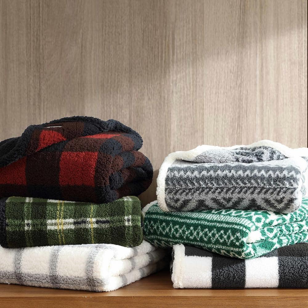 Trailhead Plaid Green Sherpa Fleece Reversible Throw Blanket