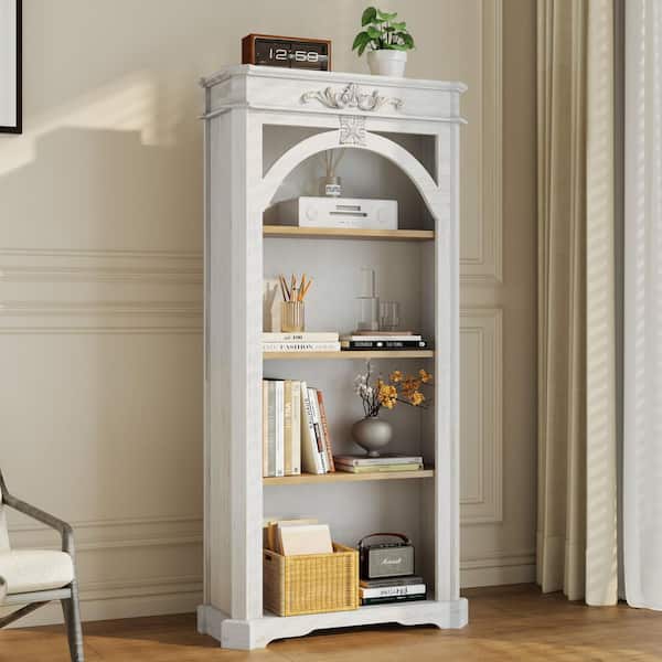 Vintage 65 in. Tall White Wood 3-Shelf Accent Bookcase with Storage