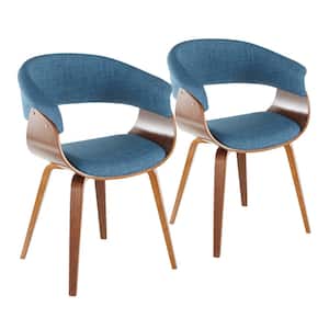 Vintage Mod Blue Fabric and Walnut Wood Arm Chair (Set of 2)