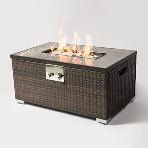 Brown Rectangle Rattan Wood 15 in. H Outdoor Buffet Table Fire Pit with Tile Tabletop