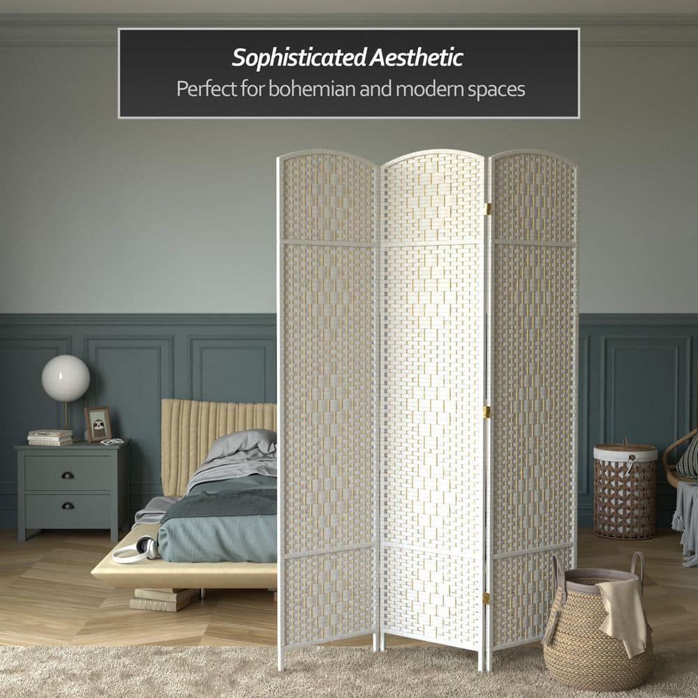 Tall White Woven Plant Fiber 3-Panel Room Divider