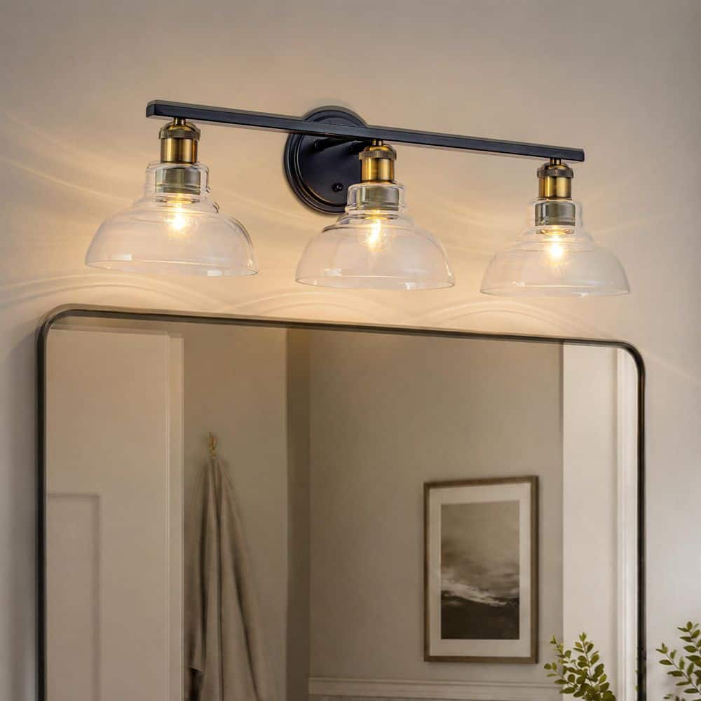 27.48 in. 3-Light Black and Gold Linear Vanity Light with Clear Glass Shades, Industrial Bathroom Wall Sconce price history on PriceWatchPro