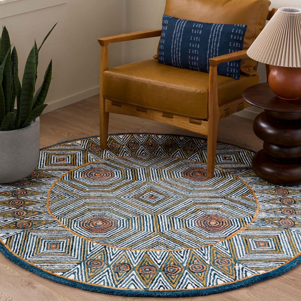 Micro-Loop 5 ft. x 5 ft. Round Blue/Ivory Geometric Chevron Area Rug price history on PriceWatchPro