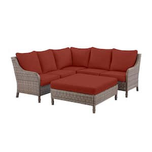 Windsor 4-Piece Brown Wicker Outdoor Patio Sectional Sofa with Ottoman and Sunbrella Henna Red Cushions
