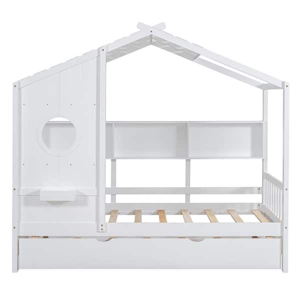 White Wood Twin House Platform Bed with Trundle & Storage Shelves for Kids durable construction