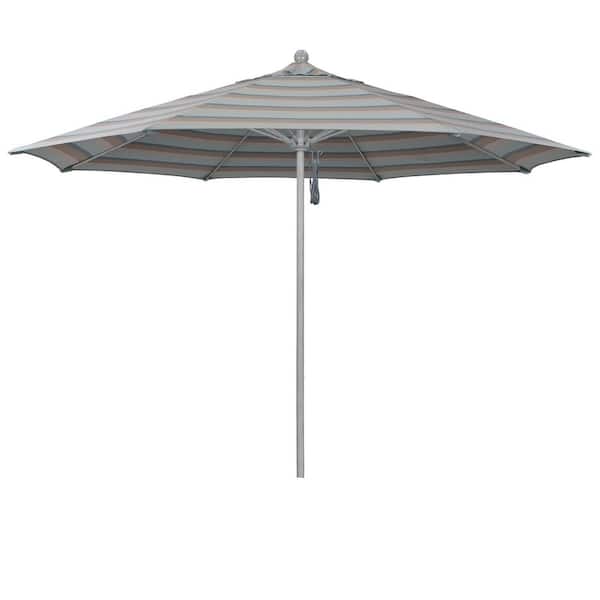 11 ft. Grey Woodgrain Aluminum Market Patio Umbrella with Fiberglass Ribs Pulley Lift in Gateway Mist Sunbrella