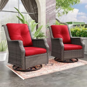 Wicker Patio Outdoor Lounge Chair Swivel Rocking Chair with Red Cushions (2-Pack)