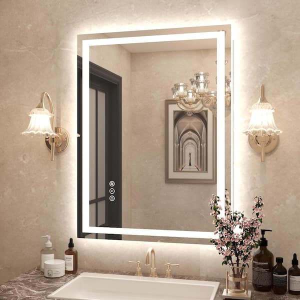 KIOTEE 24 in. W x 32 in. H Rectangular Frameless Front & Back Lighted Anti-Fog Wall Bathroom Vanity Mirror, Tempered Glass, ETL