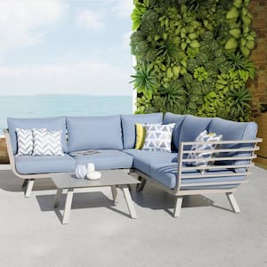 Drum 4-Piece Aluminum Outdoor Sofa Sectional Set with Blue Cushions