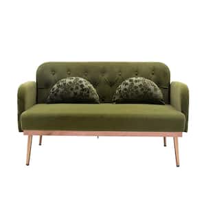 55 in. Square Arm Velvet Straight Loveseat Sofa Tufted Backrest Sofa Couch Moon Shape Pillows and Metal Feet in Green