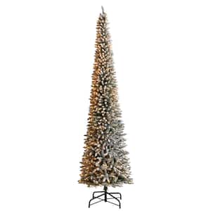 12 ft. Flocked Pencil Artificial Christmas Tree with 1000 Clear Lights and 1819 Bendable Branches