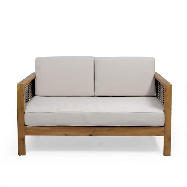 Teak and Beige 2-Piece Wood Patio Conversation Set with Wicker Accents​
