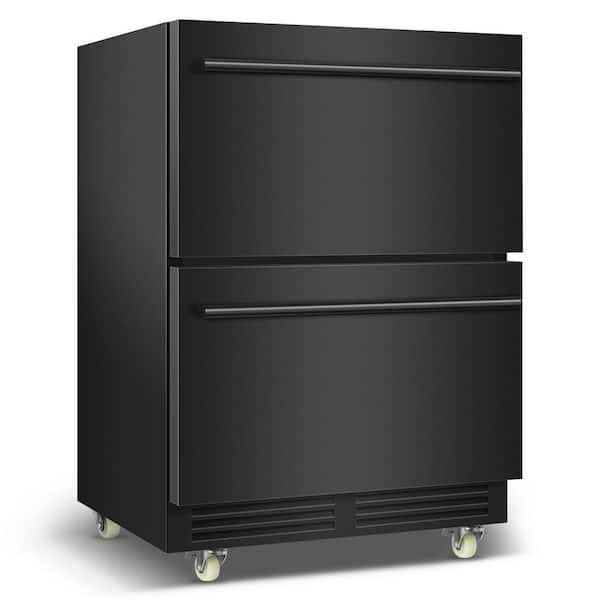 24 in. 180-Can Dual Drawer Built-in Single Zone Black Stainless Steel Beverage Refrigerator 4.9 cu. ft. with Caster