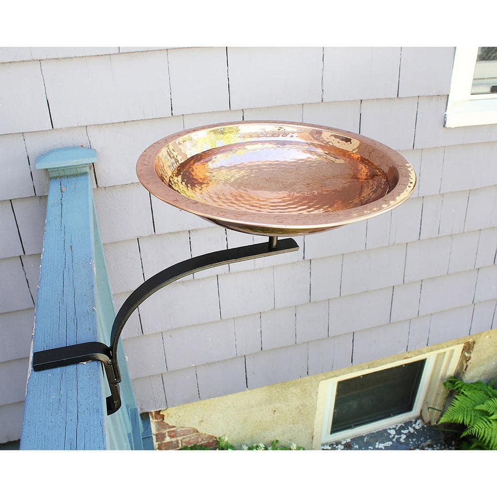 Hammered Copper Rail-Mounted Birdbath with Black Metal Bracket