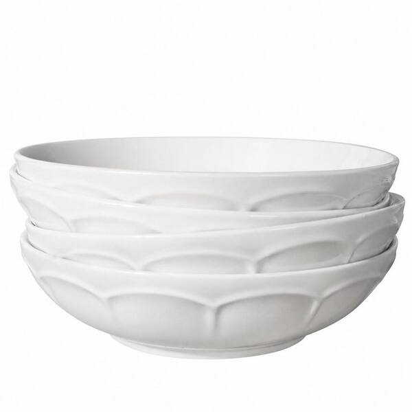 Set of 4 White Embossed Ceramic 32 oz Large Pasta and Salad Bowls 8 in Wide Shallow Soup Bowls 32oz