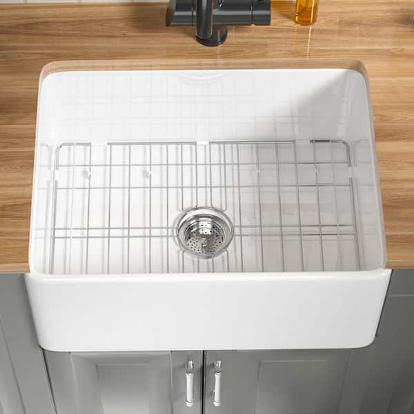 Vomlor Farmhouse Sink 24 in. Fireclay Farmhouse Kitchen Sink Apron Front Single Bowl Fireclay Sink in White with Grid and Drain