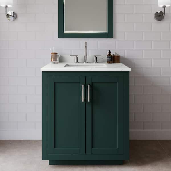 Wyndham Collection Miranda 30 in. W x 22 in. D x 33.75 in. H Single Bath Vanity in Green with Giotto Quartz Top and 24 in. Mirror