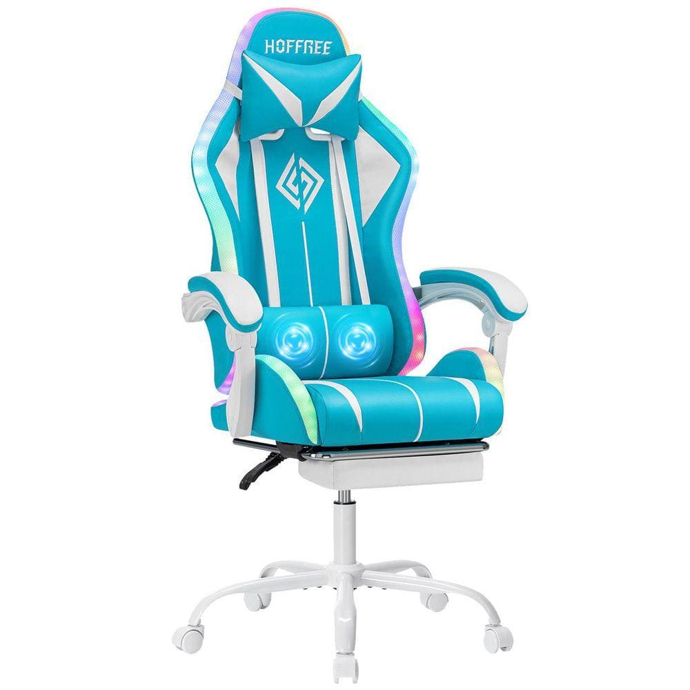 LED Faux Leather Gaming Chair with Massage Ergonomic Computer Chair in Blue and White with Adjustable Arms