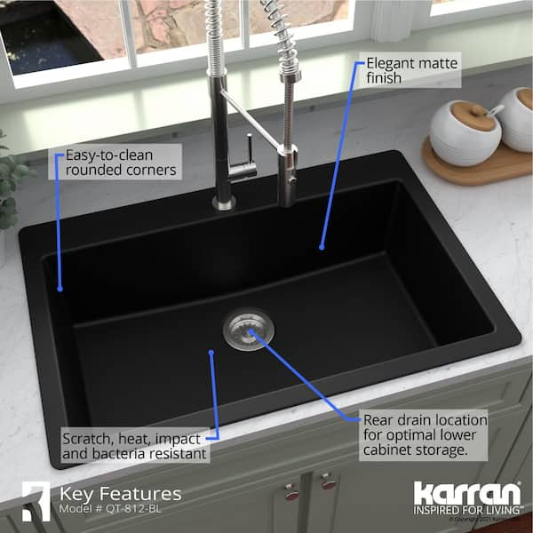 Karran 33 in. Large Single Bowl Drop-In Kitchen Sink in Black with