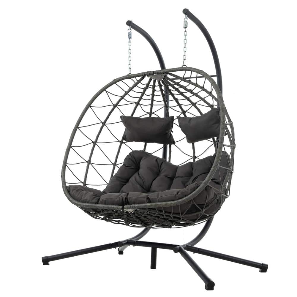 2-Person Gray Wicker Double Swing Egg Chair with Stand and Deep Gray Cushio