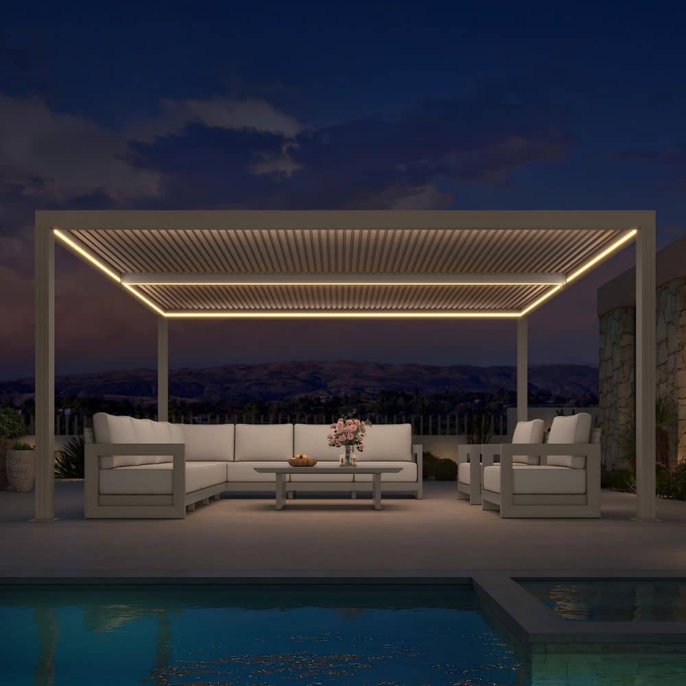 12 ft. x 16 ft. Champagne Aluminum Frame Louvered Pergola Gazebo with Adjustable Sunshade Roof and LED Strip Lights price history on PriceWatchPro