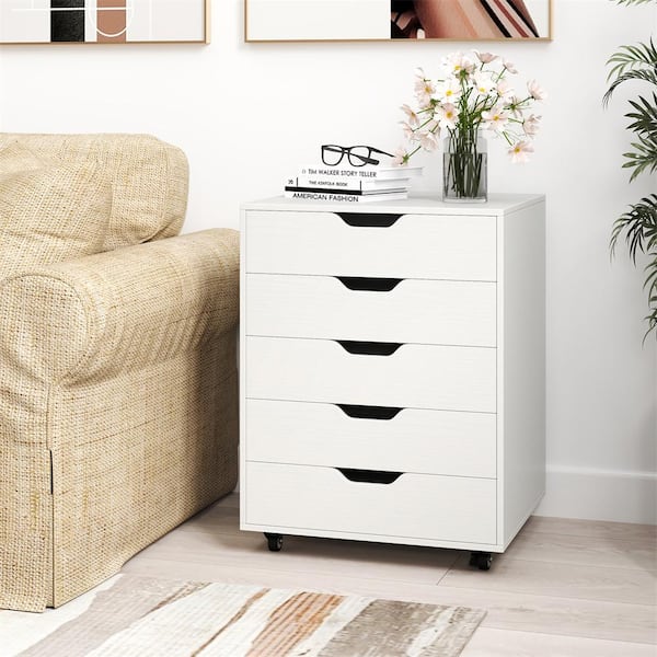 White Accent Cabinet Organizer with 5-Drawers Chest Storage Dresser Floor Cabinet Organizer with Wheels