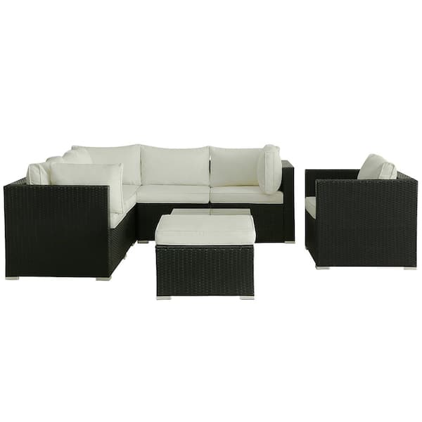 Unbranded Black 8-Piece Wicker Outdoor Patio Conversation Set Sectional Set with White Cushions