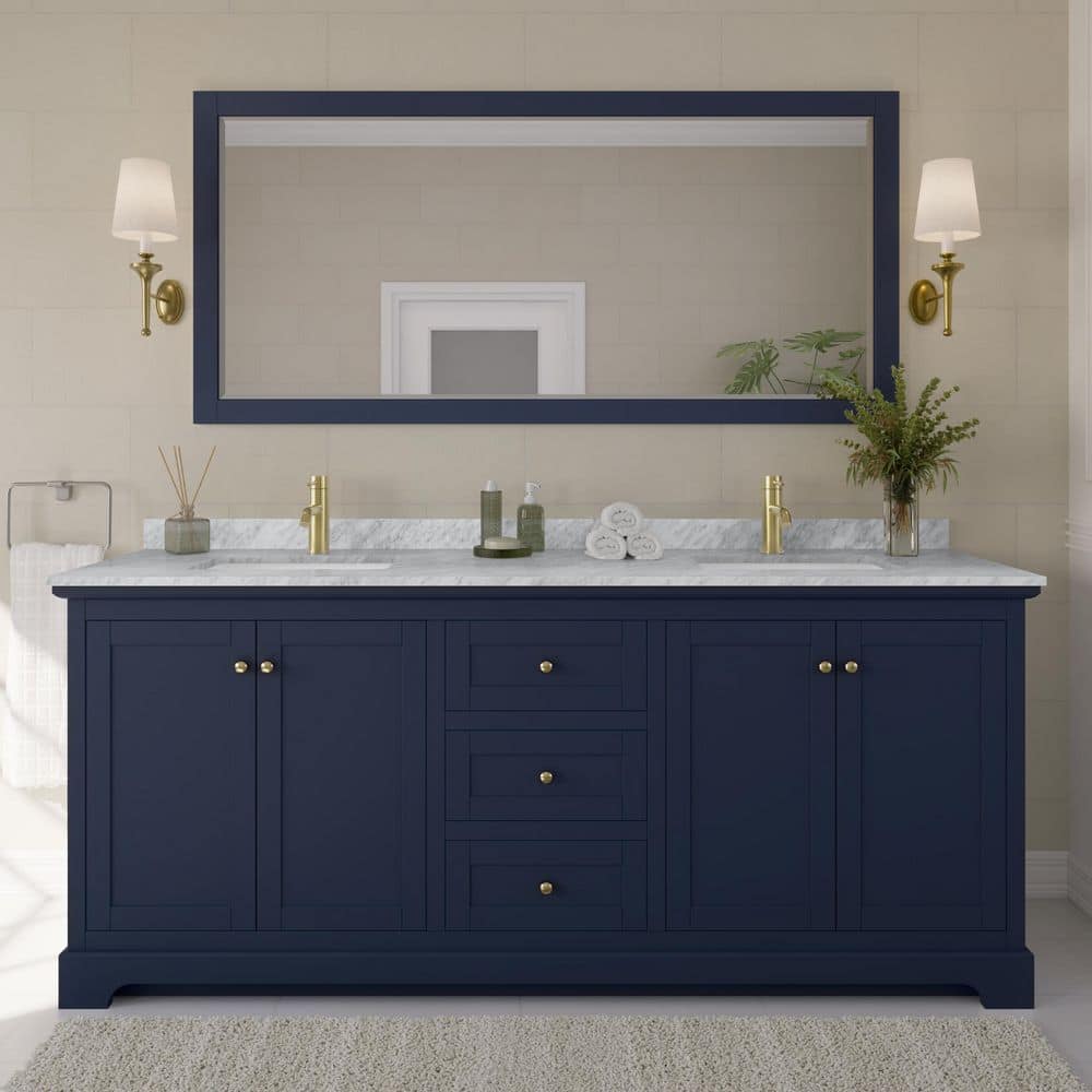 Wyndham Collection Avery 80 in. W x 22 in. D Bathroom Vanity in Dark Blue  with Marble Vanity Top in White Carrara with White Basins  WCV232380DBLCMUNSMXX - The Home Depot, image size:1000x1000