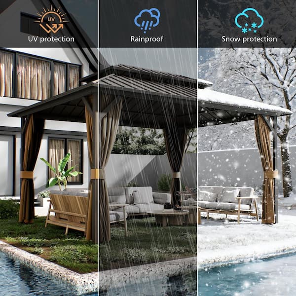 10 ft. x 14 ft. Hardtop Gazebo with Aluminum Frame, Galvanized Steel Double Roof Gazebo with Nettings and Curtain