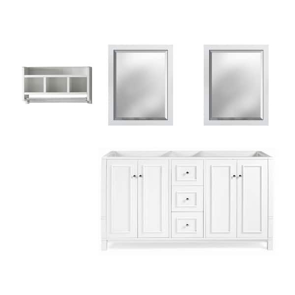 Alaterre Furniture Williamsburg 4-Piece Bathroom Vanity Set w/ 60 in. W Vanity, 2 30 in. L Mirrors and Wall Shelf w/ 2-Towel Rods, White