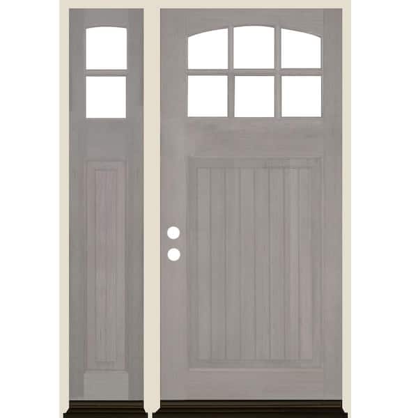 Krosswood Doors 50 in. x 80 in. Craftsman V-Groove Arched 6-Lite Clear Glass Grey Stain Right Hand Hemlock Wood Prehung Front Door w/LSL