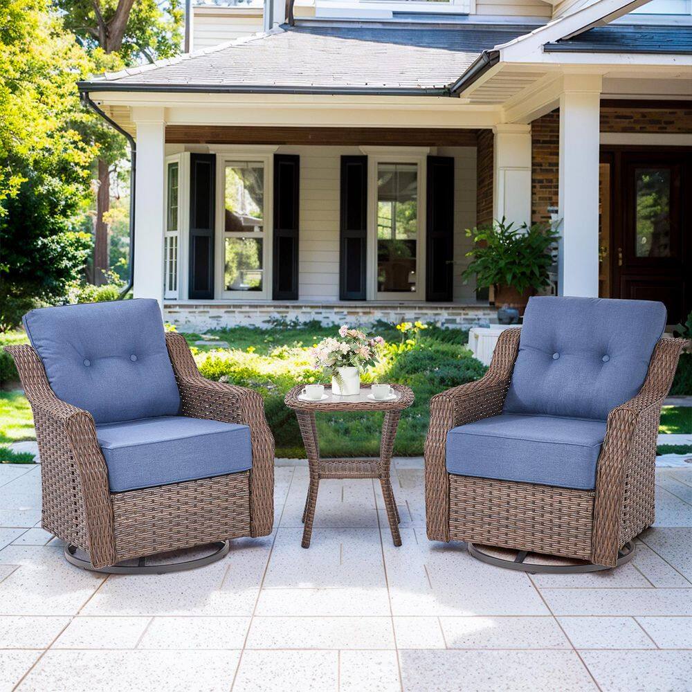 Circle 2-Piece Brown Wicker Outdoor Swivel Glider Patio Rocking Chair with Blue Cushions and Matching Side Table price history on PriceWatchPro