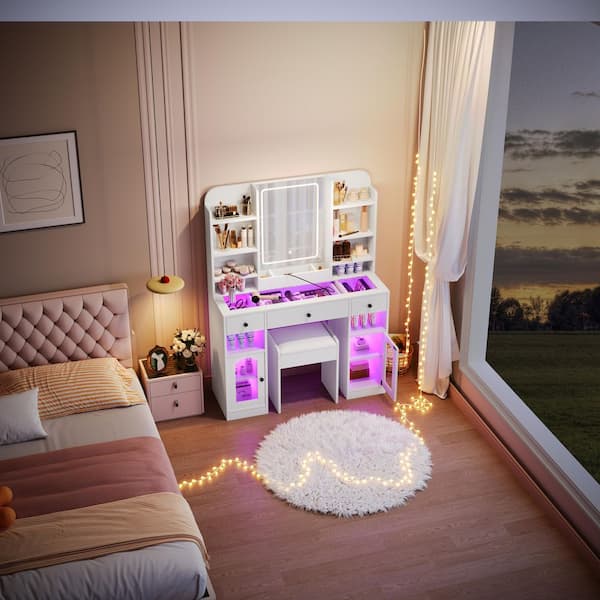 modern dressing table with mirror and lights Amazon.com: T4TREAM 48" Fluted Makeup Vanity Desk with Large 36" Mirror and Lights, Modern Glass Top Big Vanity Table w/5 Drawers & Adjustable Shelves, Dressing Table w/Charging Station for Bedroom, Black :
