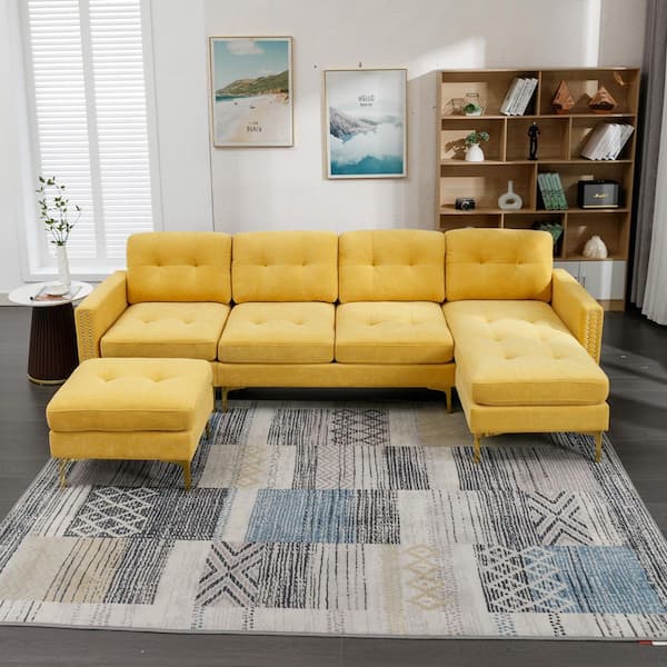 110.6 in. Square Arm Velvet L-Shaped Sofa in Yellow with Movable Ottoman