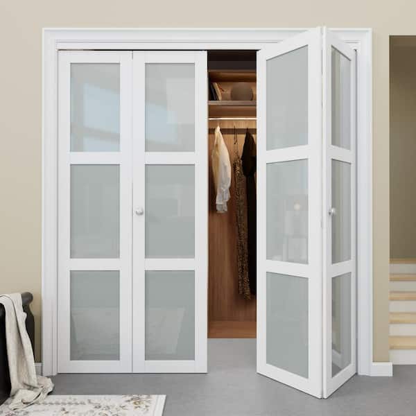 72 in. x 96 in. 3-Lite Frosted Glass Solid Core White Finished Glass Closet Bi-Fold Door with Hardware