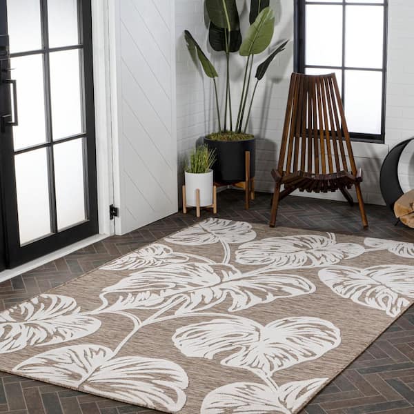 JONATHAN Y Tobago Brown/Ivory 8 ft. x 10 ft. High-Low 2-Tone Monstera ...