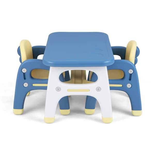 Costway 3-Piece Plastic Top Kids Table and 2 Chairs Set Activity Art Desk with Storage Shelf & Building Blocks